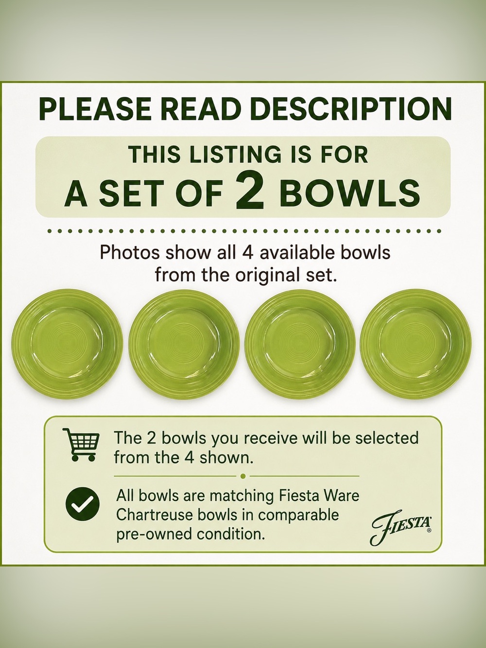 Fiesta Ware Chartreuse Soup / Dessert Bowls Set of 2 | Discontinued Color | USA